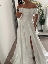 Royal Satin Dress with Embroidered Corset | Slit Skirt with Pockets | Bridal or Evening Gown