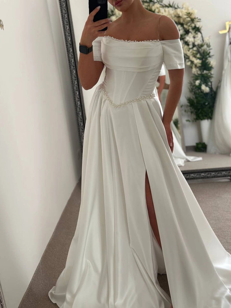 Royal Satin Dress with Embroidered Corset | Slit Skirt with Pockets | Bridal or Evening Gown