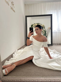 Royal Satin Dress with Embroidered Corset | Slit Skirt with Pockets | Bridal or Evening Gown