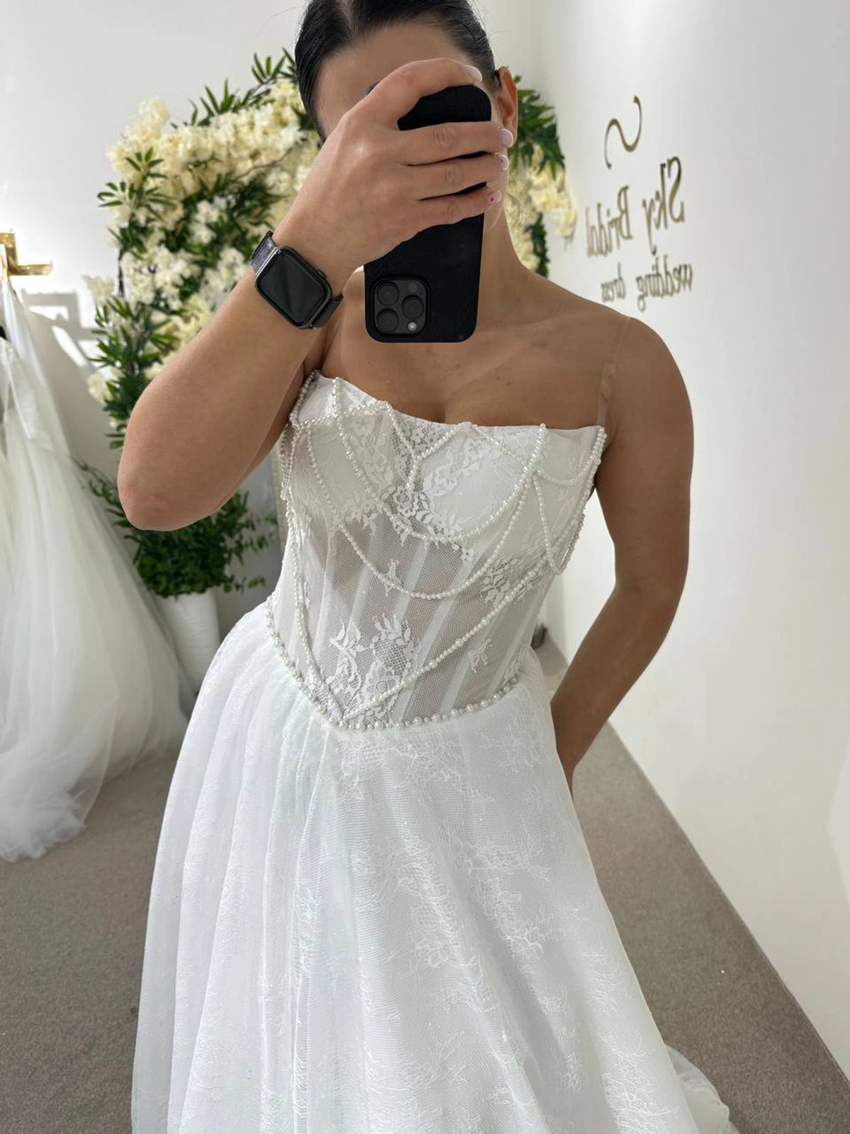 Elegant Wedding Dress with Corset and Long Train | French Mesh Gown with Beading | Structured A-Line Bridal Silhouette
