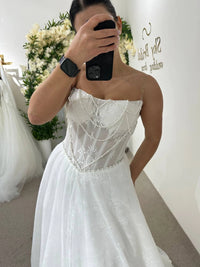 Elegant Wedding Dress with Corset and Long Train | French Mesh Gown with Beading | Structured A-Line Bridal Silhouette