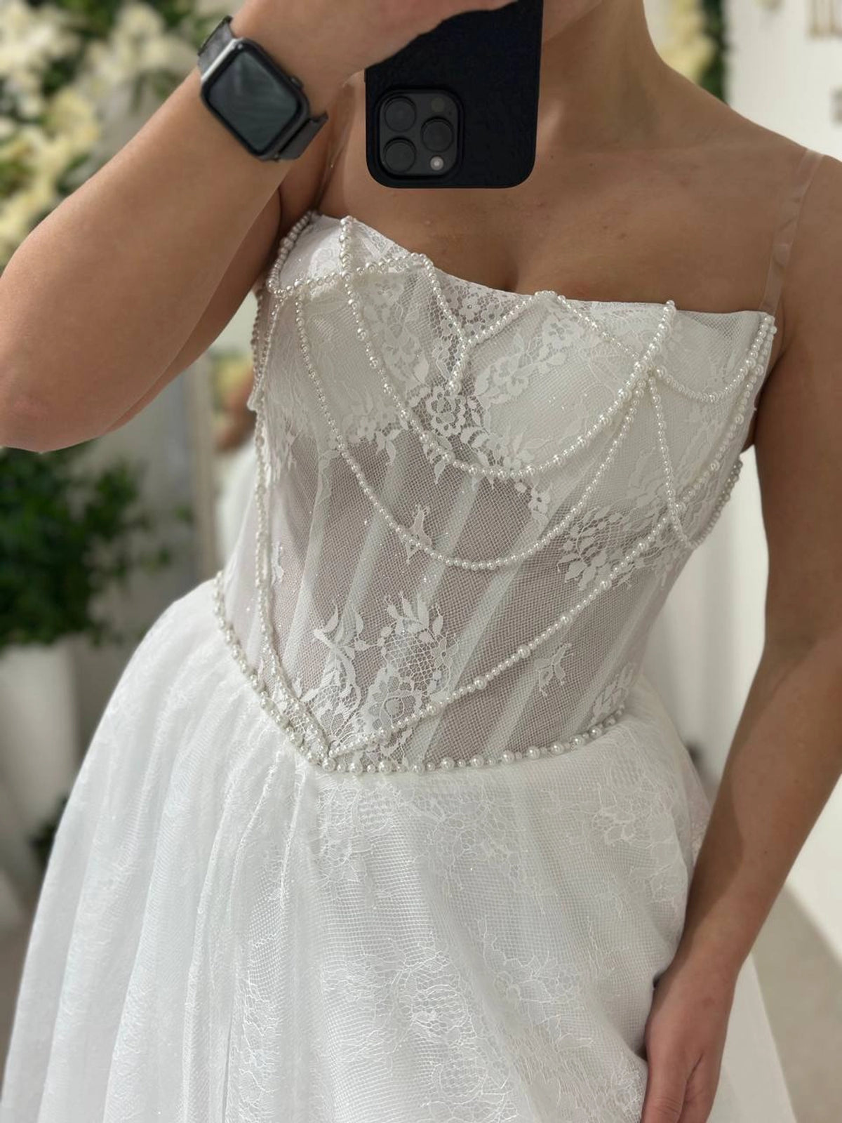 Elegant Wedding Dress with Corset and Long Train | French Mesh Gown with Beading | Structured A-Line Bridal Silhouette