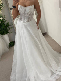 Elegant Wedding Dress with Corset and Long Train | French Mesh Gown with Beading | Structured A-Line Bridal Silhouette