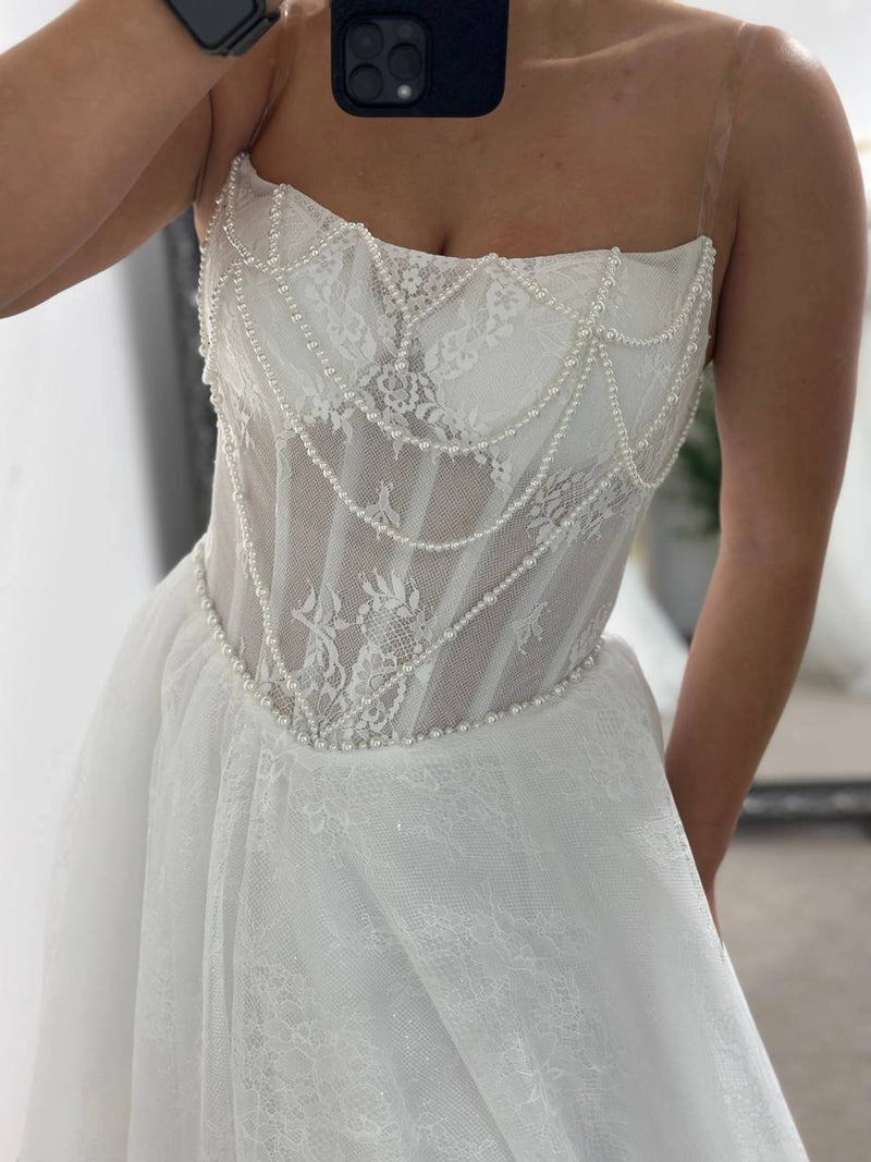 Elegant Wedding Dress with Corset and Long Train | French Mesh Gown with Beading | Structured A-Line Bridal Silhouette