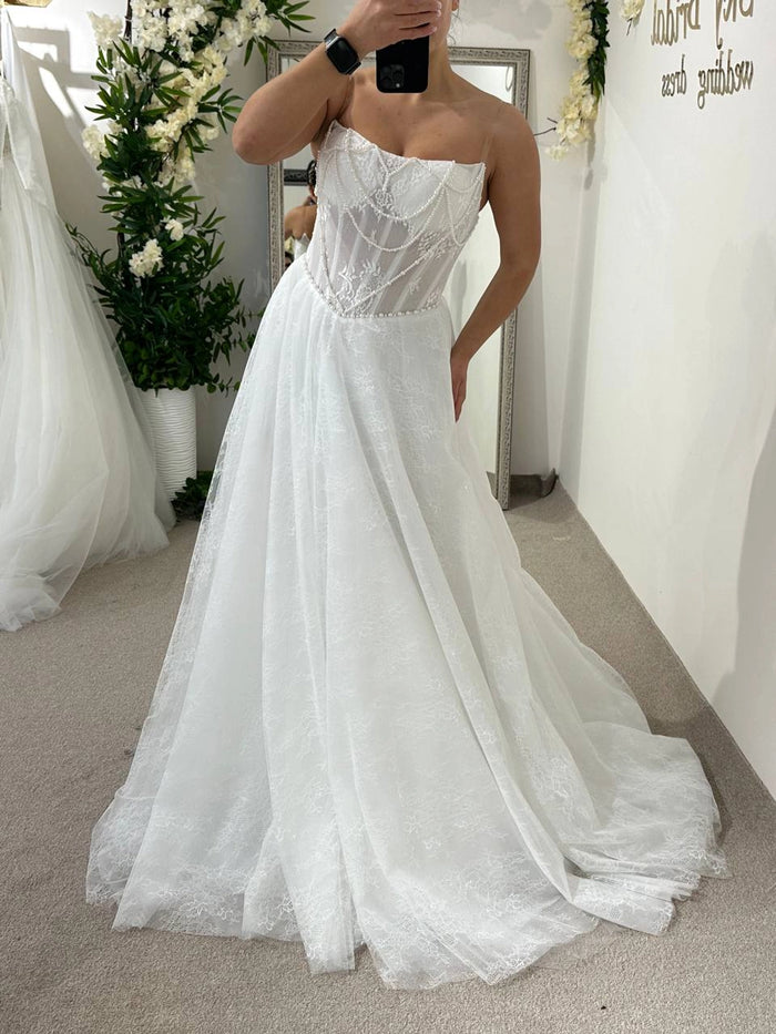 Elegant Wedding Dress with Corset and Long Train | French Mesh Gown with Beading | Structured A-Line Bridal Silhouette