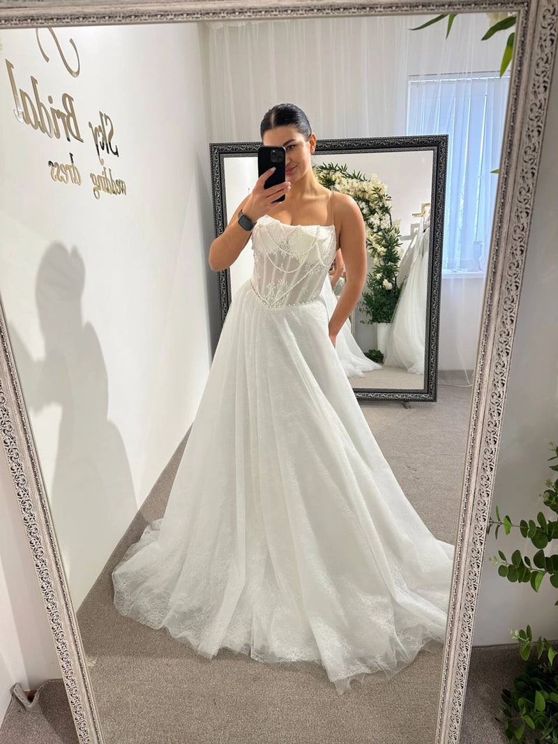 Elegant Wedding Dress with Corset and Long Train | French Mesh Gown with Beading | Structured A-Line Bridal Silhouette