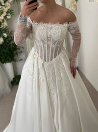 Chantilly Evening Dress with Beaded Corset & Satin Skirt | 3D Floral Pleated Gown | Elegant Occasion Wear