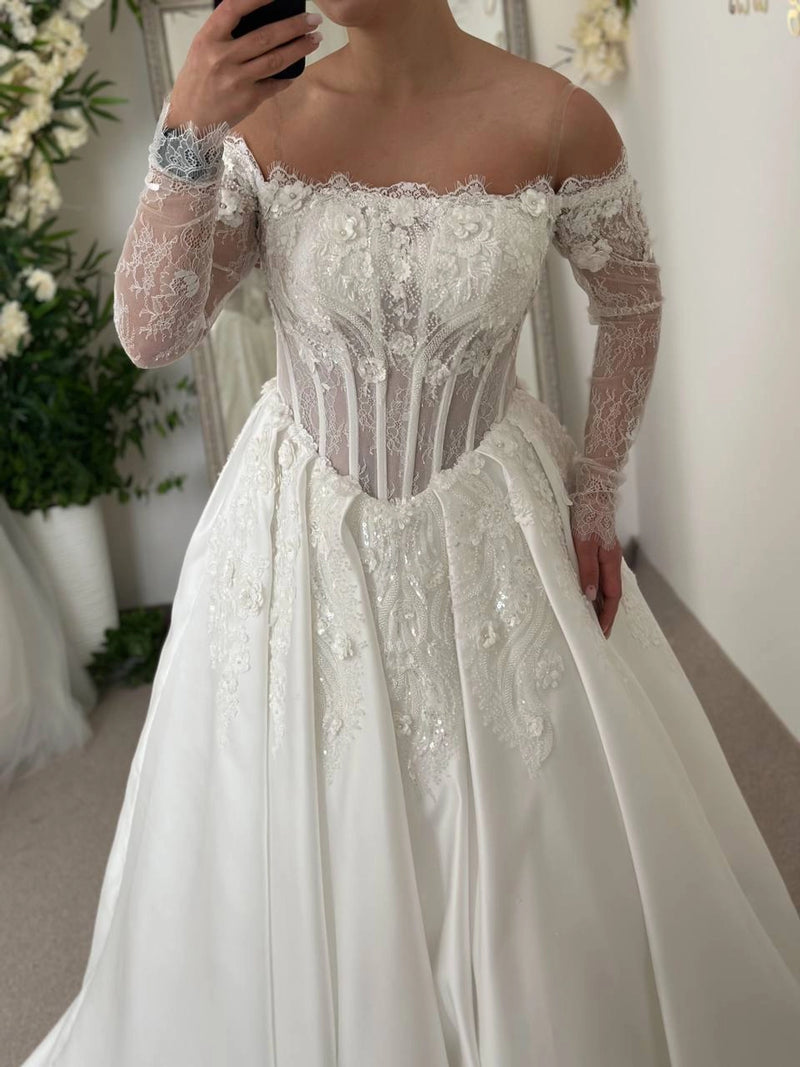 Chantilly Evening Dress with Beaded Corset & Satin Skirt | 3D Floral Pleated Gown | Elegant Occasion Wear