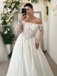 Chantilly Evening Dress with Beaded Corset & Satin Skirt | 3D Floral Pleated Gown | Elegant Occasion Wear