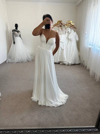 Boho Silk Chiffon Wedding Gown with Draped Corset | French Macramé Bodice | Minimalist Bridal Dress