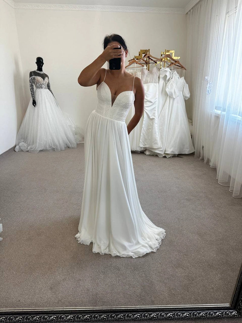 Boho Silk Chiffon Wedding Gown with Draped Corset | French Macramé Bodice | Minimalist Bridal Dress