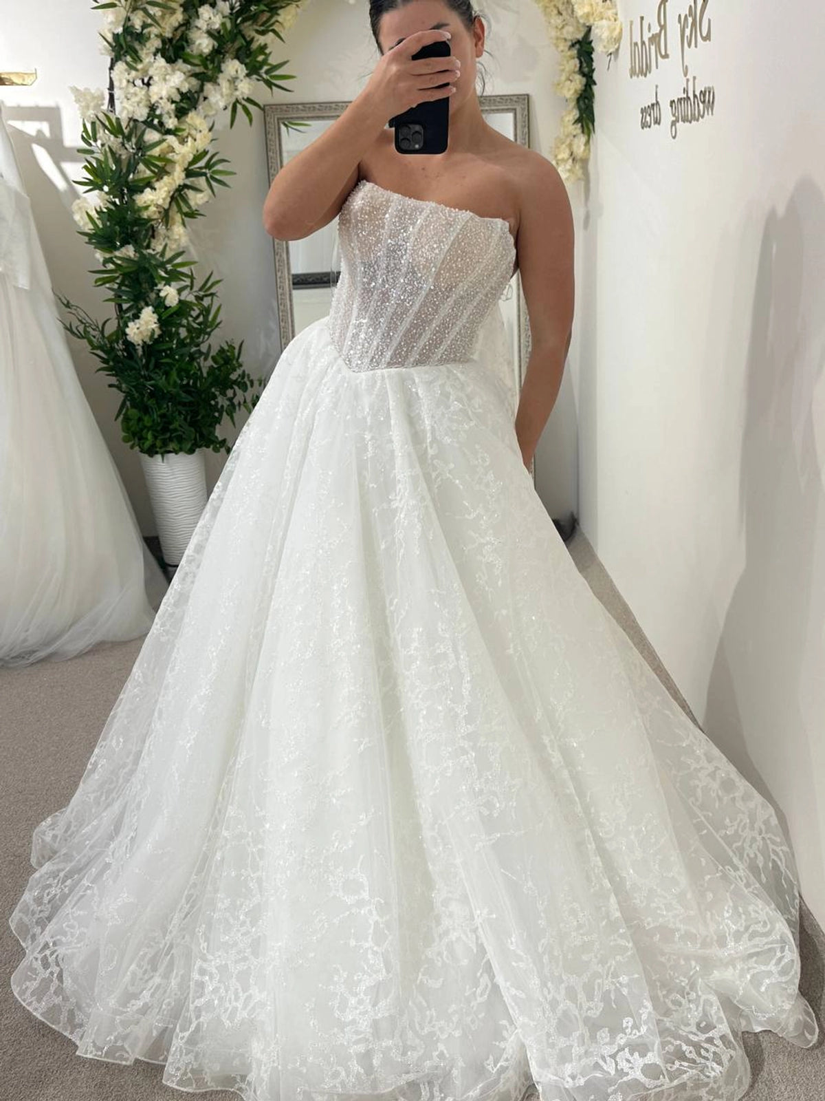 Elegant White Wedding Dress | Strapless Corset Bodice | Shimmer Tulle A-Line Bridal Gown