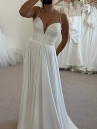 Boho Silk Chiffon Wedding Gown with Draped Corset | French Macramé Bodice | Minimalist Bridal Dress
