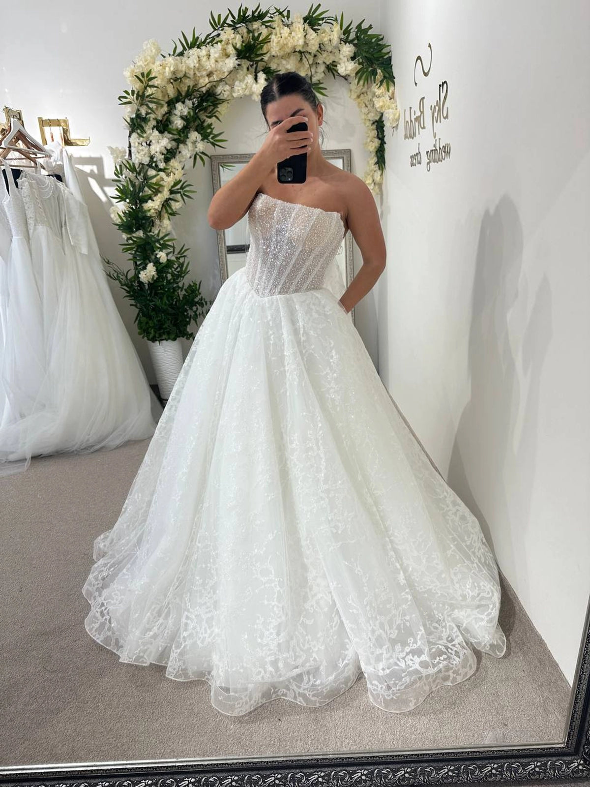 Elegant White Wedding Dress | Strapless Corset Bodice | Shimmer Tulle A-Line Bridal Gown