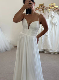 Boho Silk Chiffon Wedding Gown with Draped Corset | French Macramé Bodice | Minimalist Bridal Dress