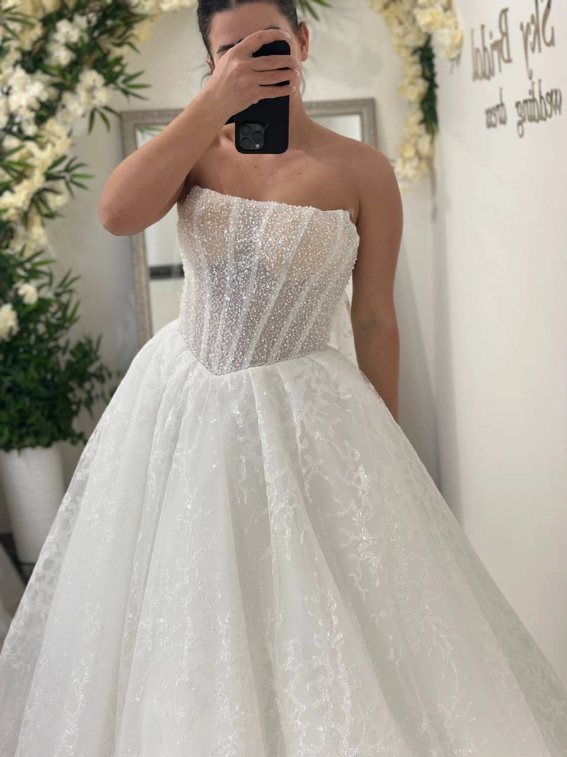 Elegant White Wedding Dress | Strapless Corset Bodice | Shimmer Tulle A-Line Bridal Gown