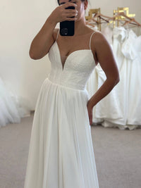 Boho Silk Chiffon Wedding Gown with Draped Corset | French Macramé Bodice | Minimalist Bridal Dress