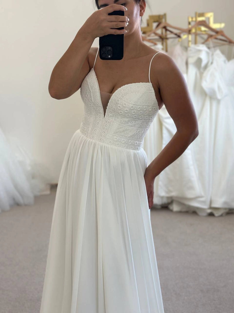 Boho Silk Chiffon Wedding Gown with Draped Corset | French Macramé Bodice | Minimalist Bridal Dress