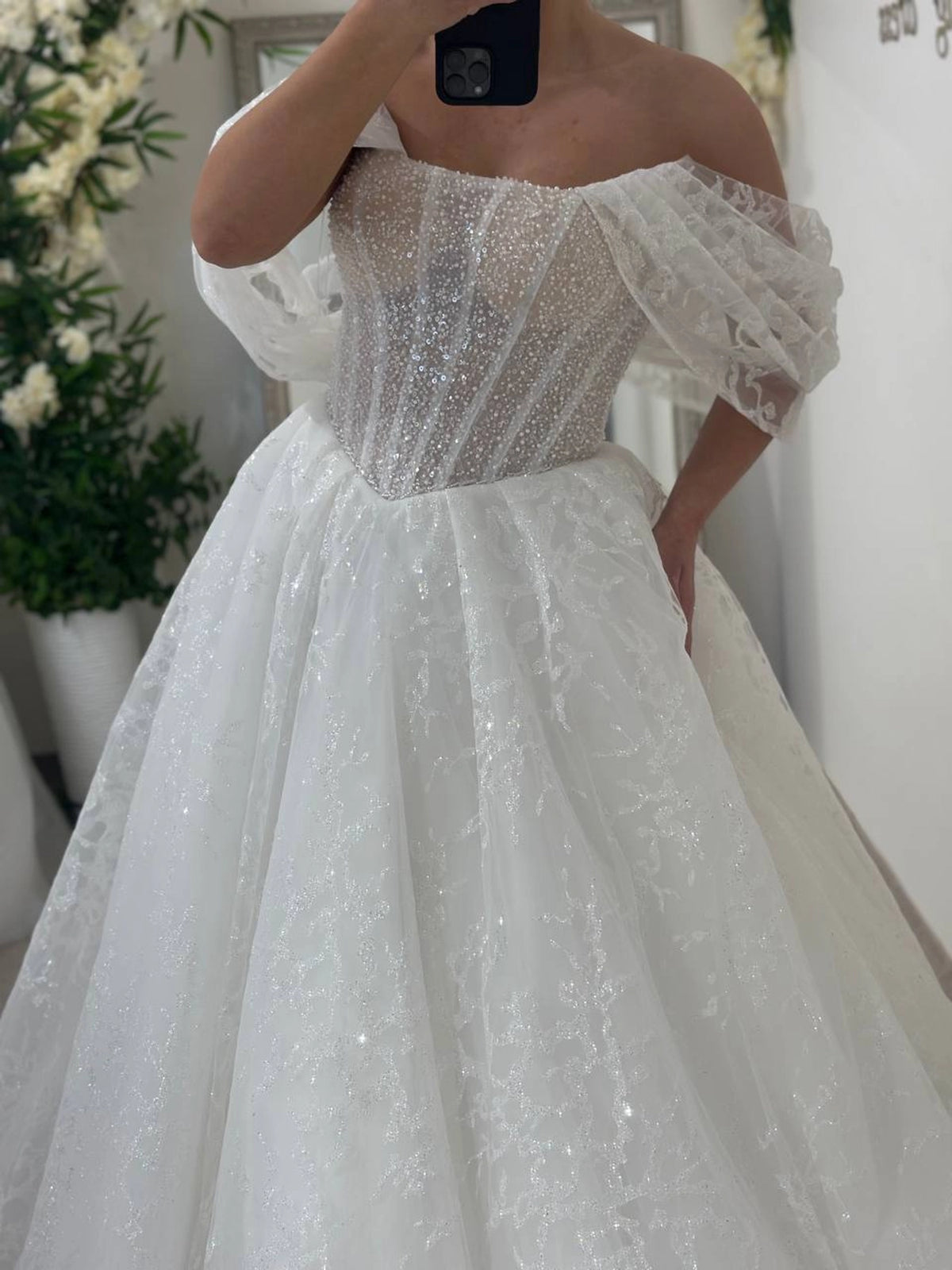Elegant White Wedding Dress | Strapless Corset Bodice | Shimmer Tulle A-Line Bridal Gown