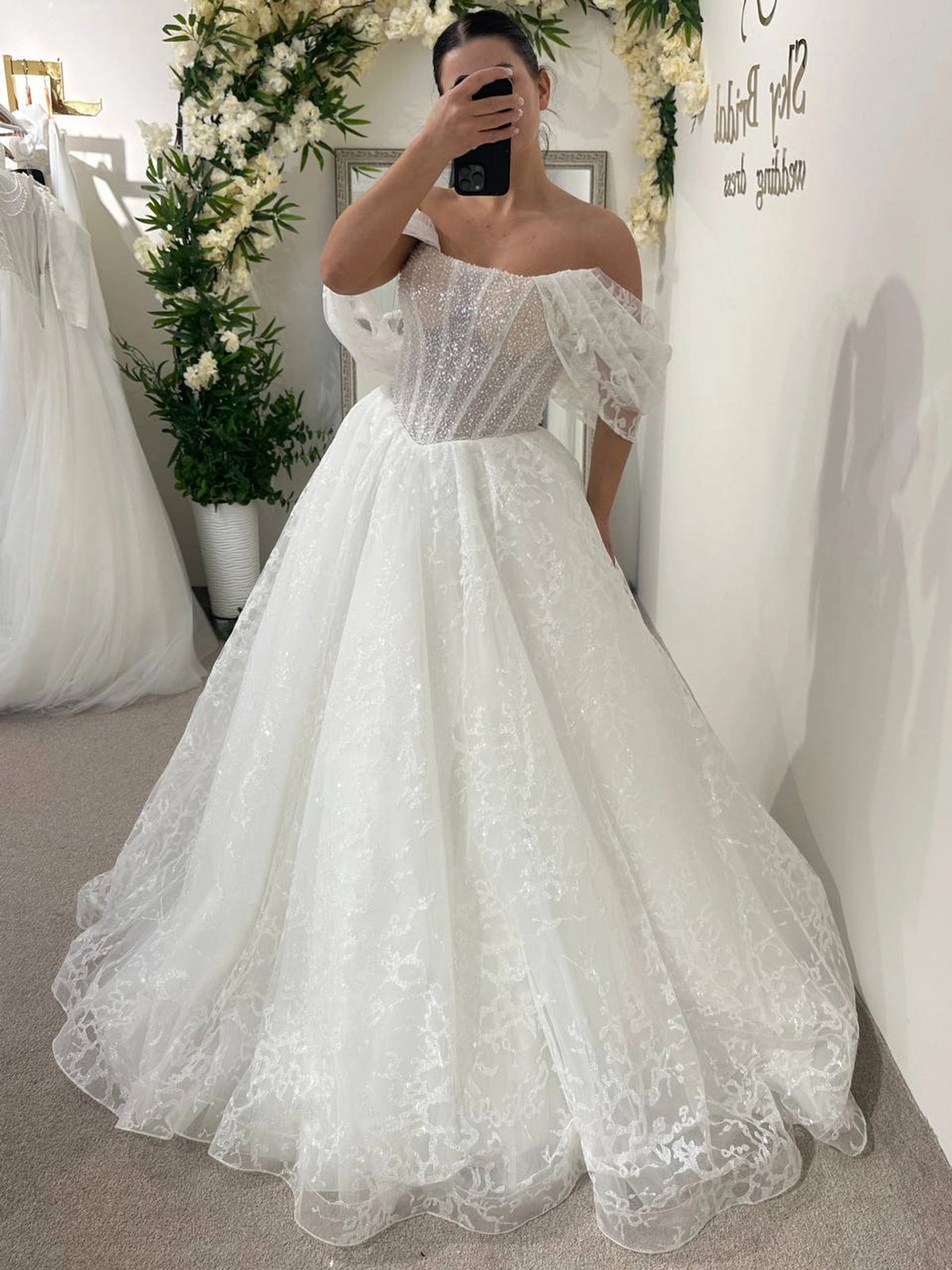 Elegant White Wedding Dress | Strapless Corset Bodice | Shimmer Tulle A-Line Bridal Gown