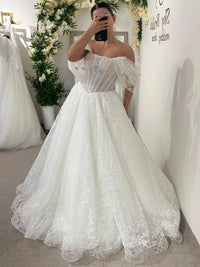 Elegant White Wedding Dress | Strapless Corset Bodice | Shimmer Tulle A-Line Bridal Gown