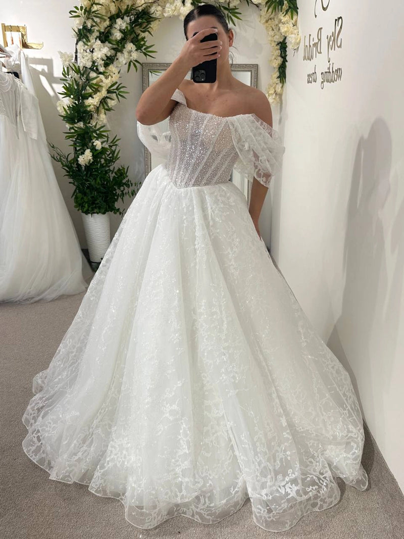 Elegant White Wedding Dress | Strapless Corset Bodice | Shimmer Tulle A-Line Bridal Gown