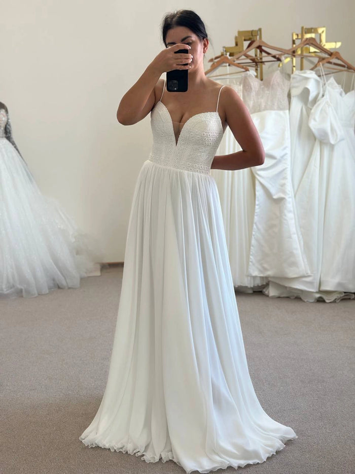 Boho Silk Chiffon Wedding Gown with Draped Corset | French Macramé Bodice | Minimalist Bridal Dress