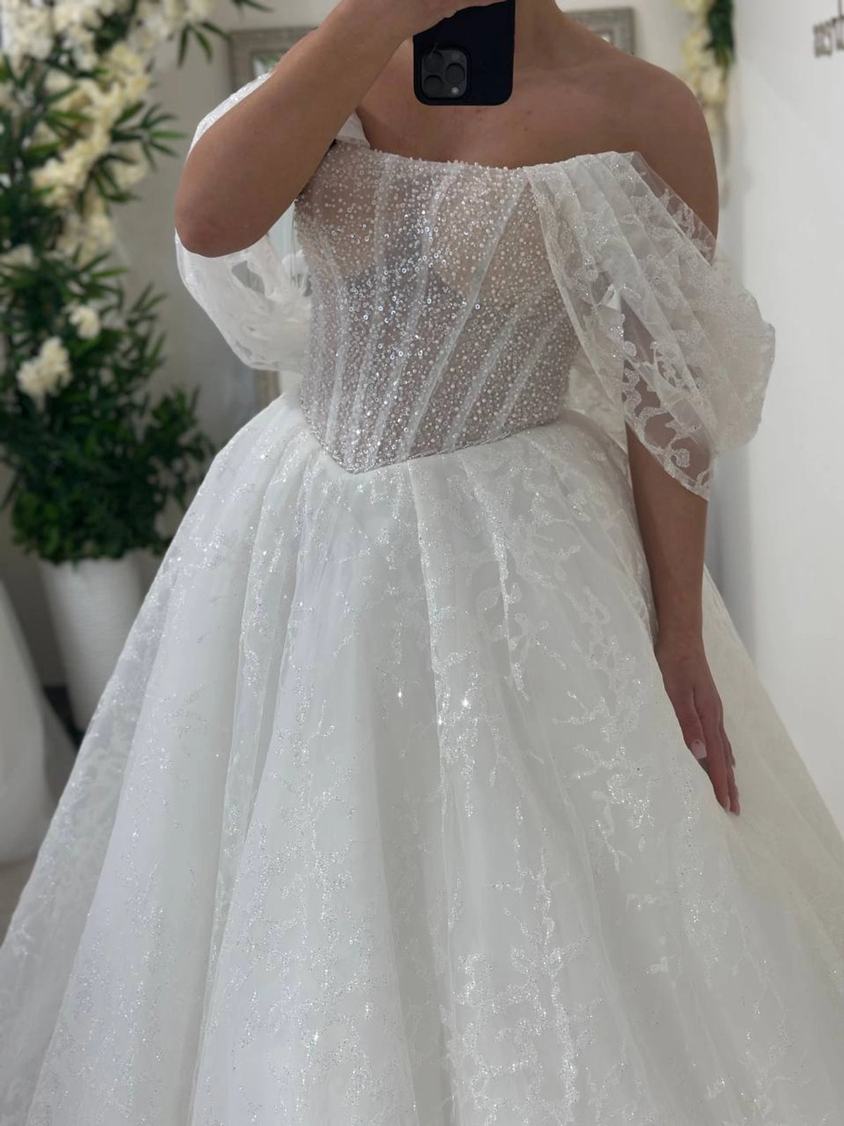 Elegant White Wedding Dress | Strapless Corset Bodice | Shimmer Tulle A-Line Bridal Gown
