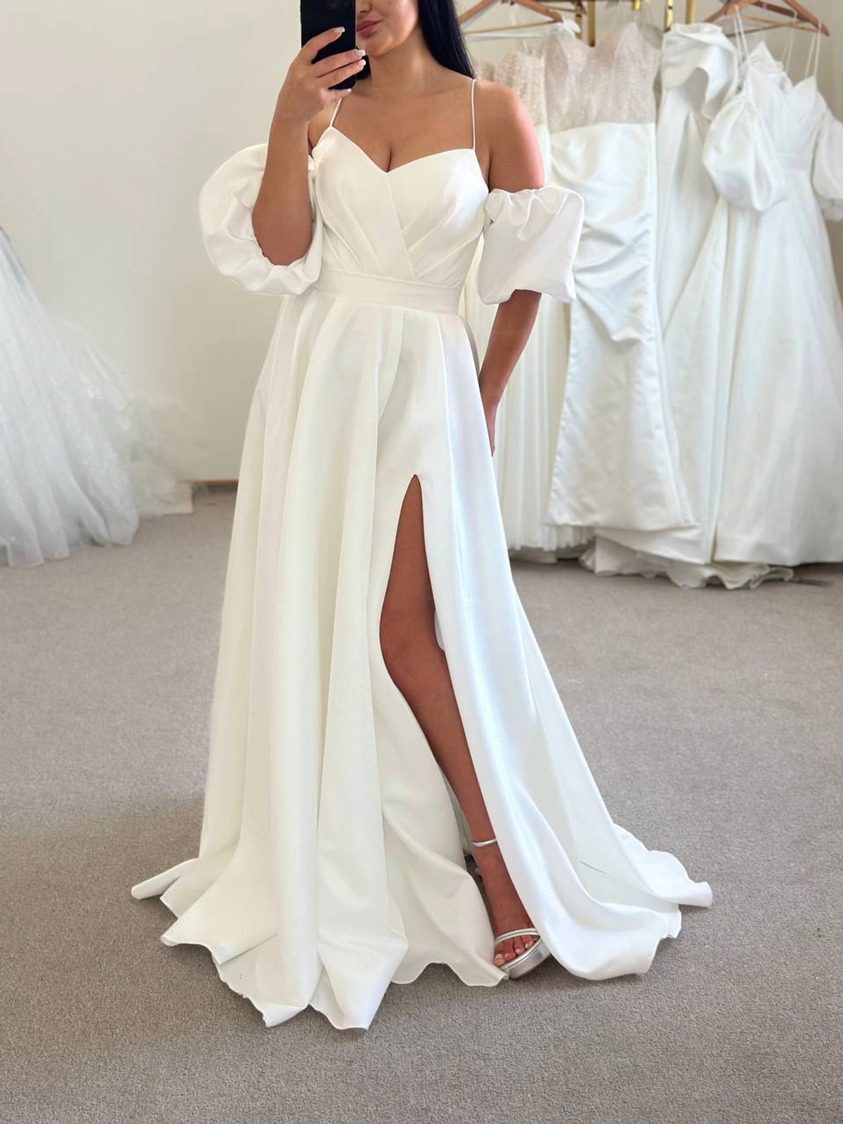 Silk Satin Boho Wedding Dress with Slit & Train | Draped Corset | Removable Sleeves | Off-Shoulder Minimalist Gown