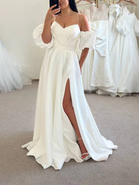 Silk Satin Boho Wedding Dress with Slit & Train | Draped Corset | Removable Sleeves | Off-Shoulder Minimalist Gown