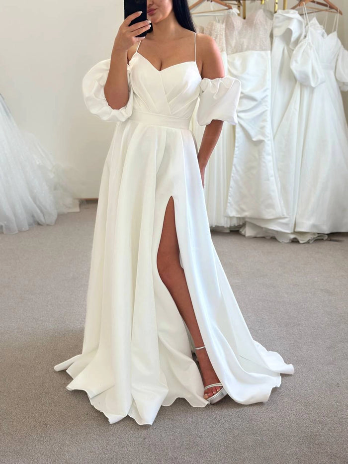 Silk Satin Boho Wedding Dress with Slit & Train | Draped Corset | Removable Sleeves | Off-Shoulder Minimalist Gown
