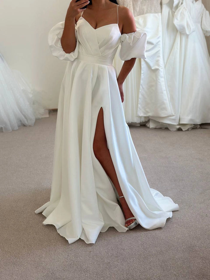 Silk Satin Boho Wedding Dress with Slit & Train | Draped Corset | Removable Sleeves | Off-Shoulder Minimalist Gown