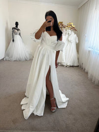 Silk Satin Boho Wedding Dress with Slit & Train | Draped Corset | Removable Sleeves | Off-Shoulder Minimalist Gown