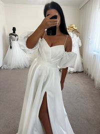 Silk Satin Boho Wedding Dress with Slit & Train | Draped Corset | Removable Sleeves | Off-Shoulder Minimalist Gown