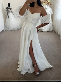 Silk Satin Boho Wedding Dress with Slit & Train | Draped Corset | Removable Sleeves | Off-Shoulder Minimalist Gown