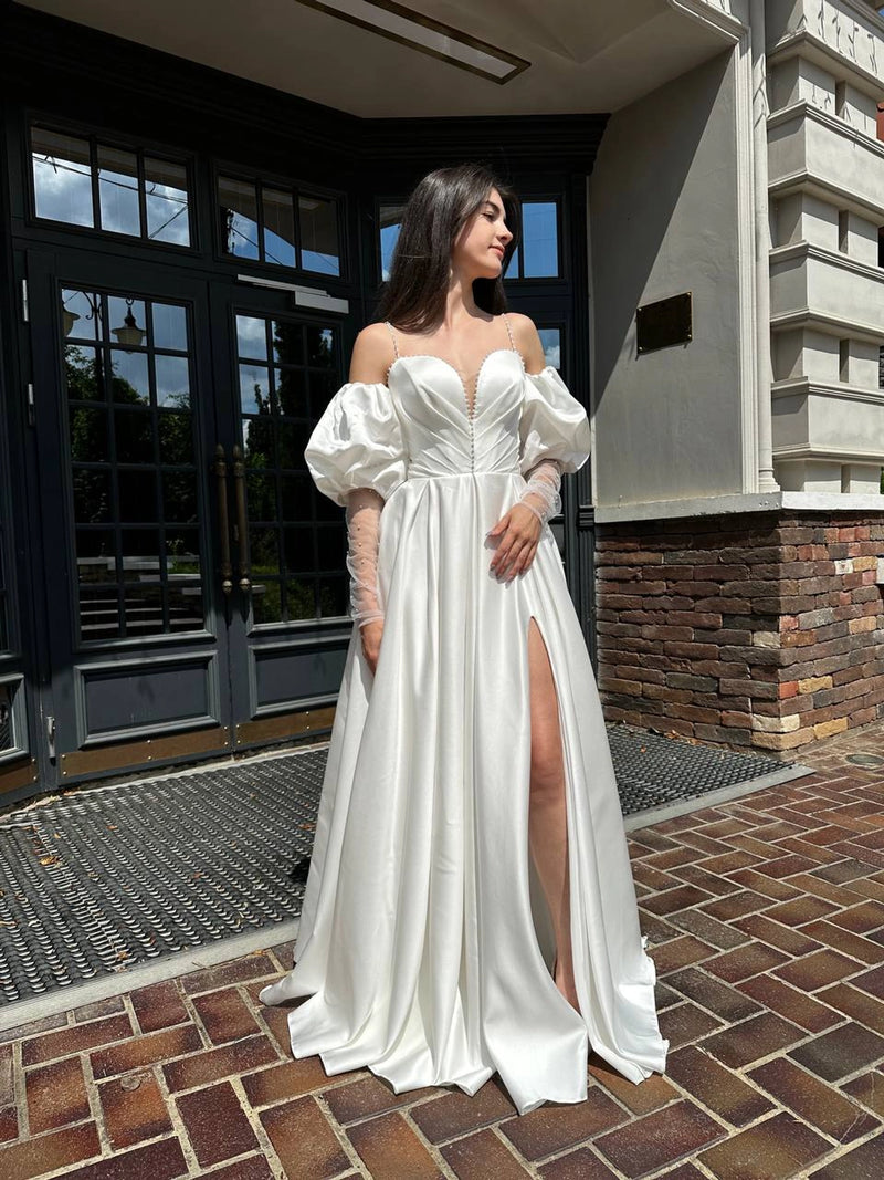 Elegant Silhouette Wedding Dress with Open Shoulders | Deep V-Neckline & Button Detail | Romantic Bridal Gown