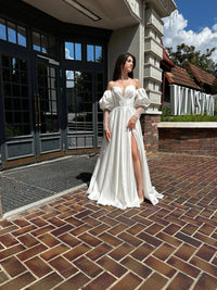 Elegant Silhouette Wedding Dress with Open Shoulders | Deep V-Neckline & Button Detail | Romantic Bridal Gown