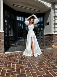 Elegant Silhouette Wedding Dress with Open Shoulders | Deep V-Neckline & Button Detail | Romantic Bridal Gown