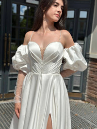 Elegant Silhouette Wedding Dress with Open Shoulders | Deep V-Neckline & Button Detail | Romantic Bridal Gown