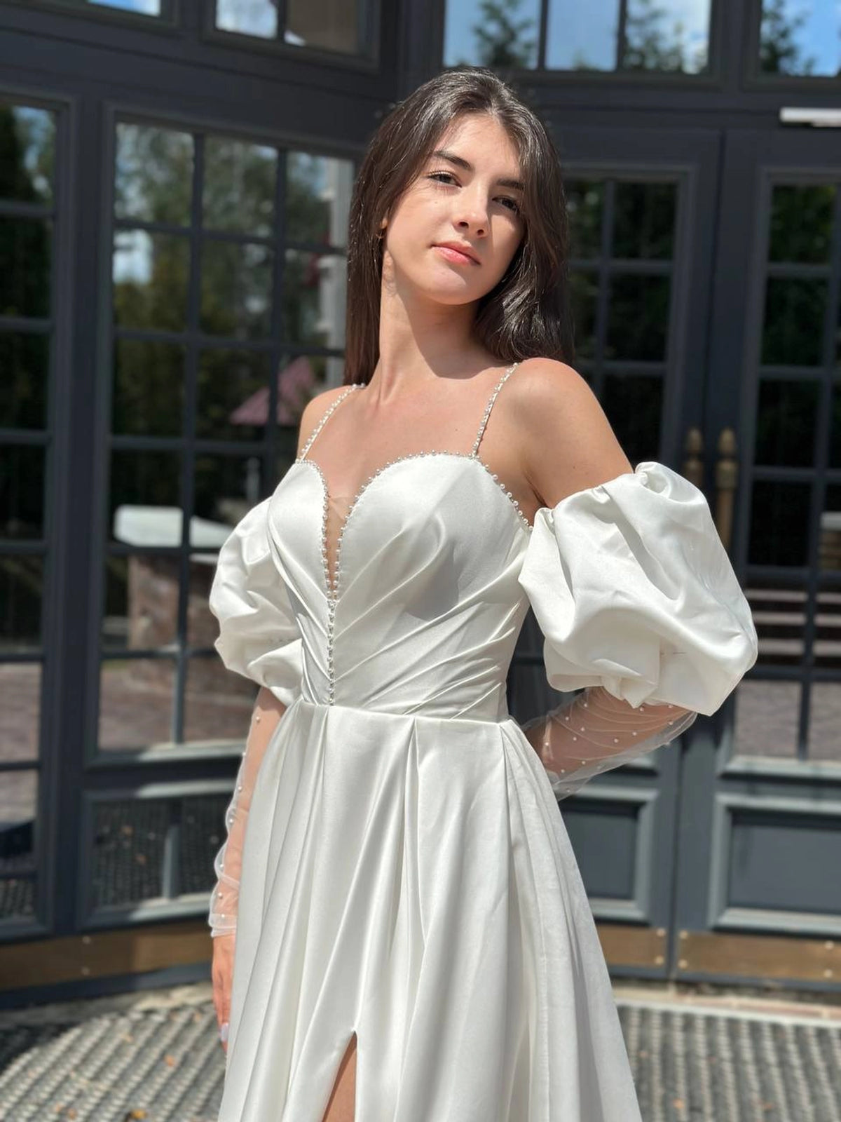Elegant Silhouette Wedding Dress with Open Shoulders | Deep V-Neckline & Button Detail | Romantic Bridal Gown
