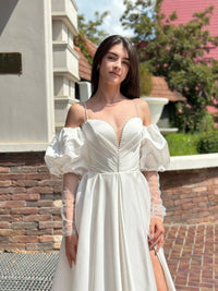 Elegant Silhouette Wedding Dress with Open Shoulders | Deep V-Neckline & Button Detail | Romantic Bridal Gown