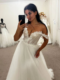 3D Floral Wedding Dress with Draped Corset | A-Line Silhouette | Micro Glitter Skirt Bridal Gown