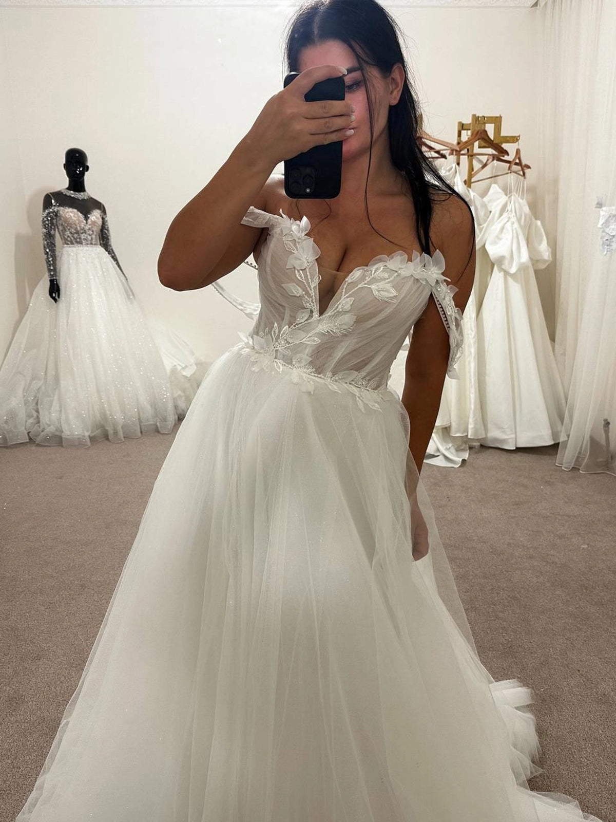 3D Floral Wedding Dress with Draped Corset | A-Line Silhouette | Micro Glitter Skirt Bridal Gown