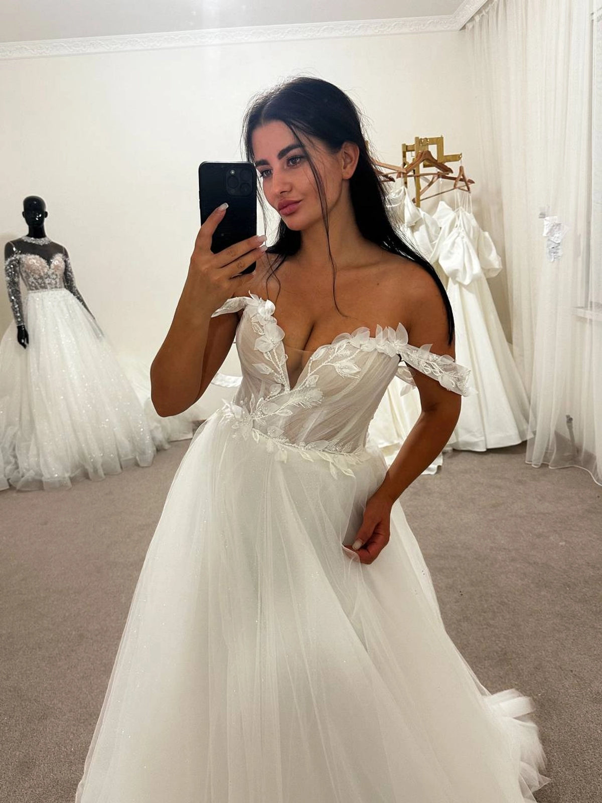 3D Floral Wedding Dress with Draped Corset | A-Line Silhouette | Micro Glitter Skirt Bridal Gown
