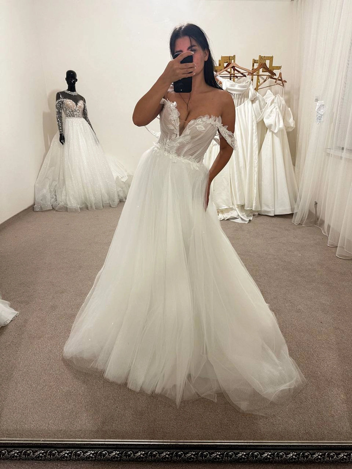 3D Floral Wedding Dress with Draped Corset | A-Line Silhouette | Micro Glitter Skirt Bridal Gown