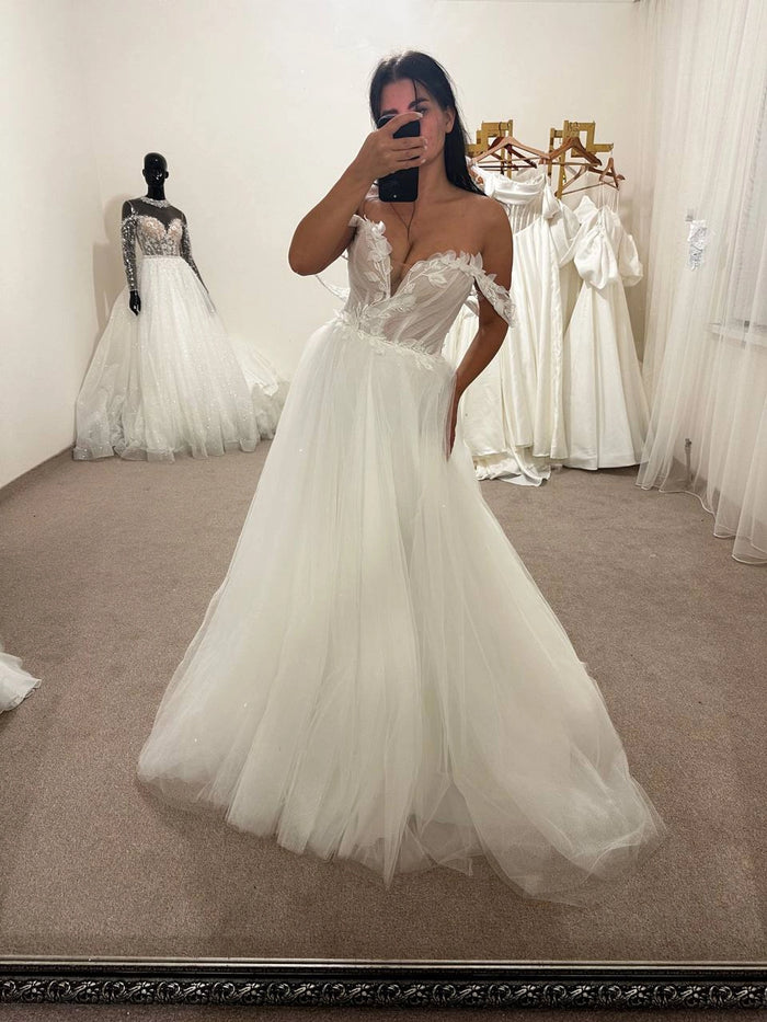 3D Floral Wedding Dress with Draped Corset | A-Line Silhouette | Micro Glitter Skirt Bridal Gown