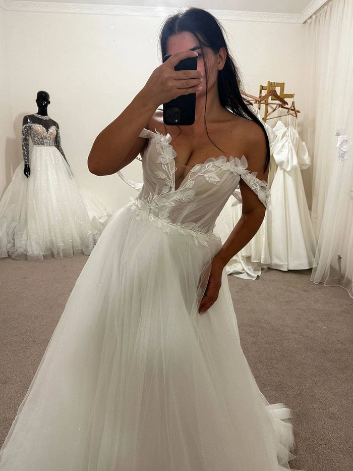 3D Floral Wedding Dress with Draped Corset | A-Line Silhouette | Micro Glitter Skirt Bridal Gown