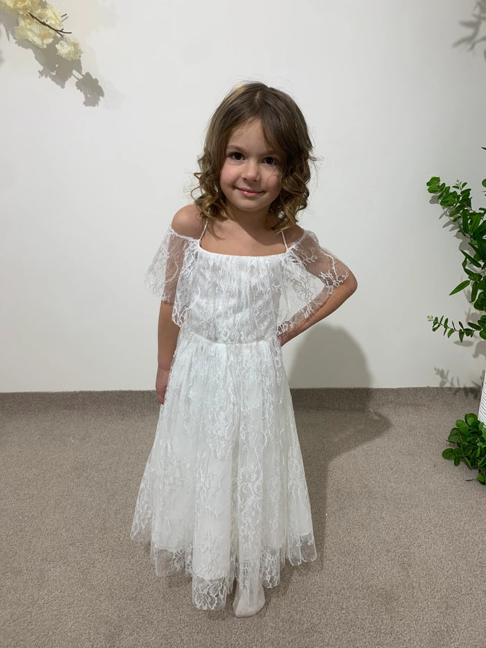 White Lace Princess Dress | Off-Shoulder Flower Girl Dress | Toddler Wedding Outfit | Christening Gown