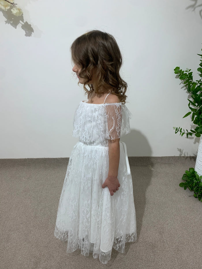 White Lace Princess Dress | Off-Shoulder Flower Girl Dress | Toddler Wedding Outfit | Christening Gown
