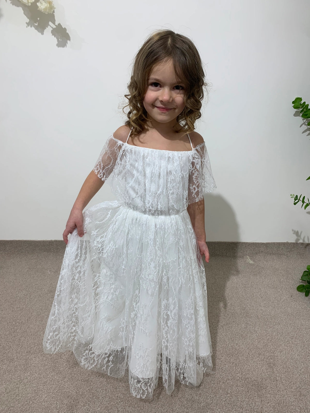 White Lace Princess Dress | Off-Shoulder Flower Girl Dress | Toddler Wedding Outfit | Christening Gown